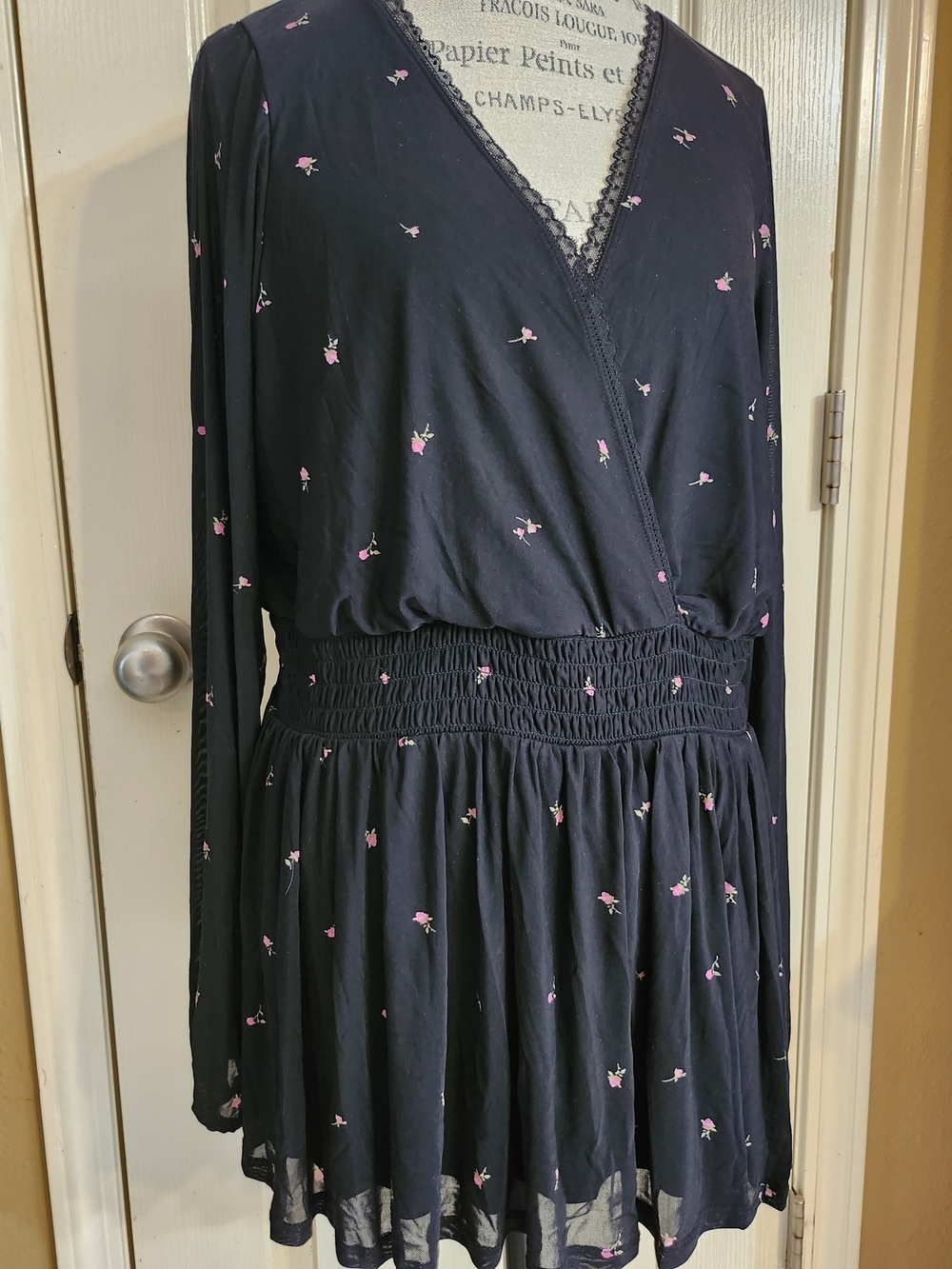 Torrid Black Long-Sleeve Floral Wrap Smocked-Waist Mini Dress